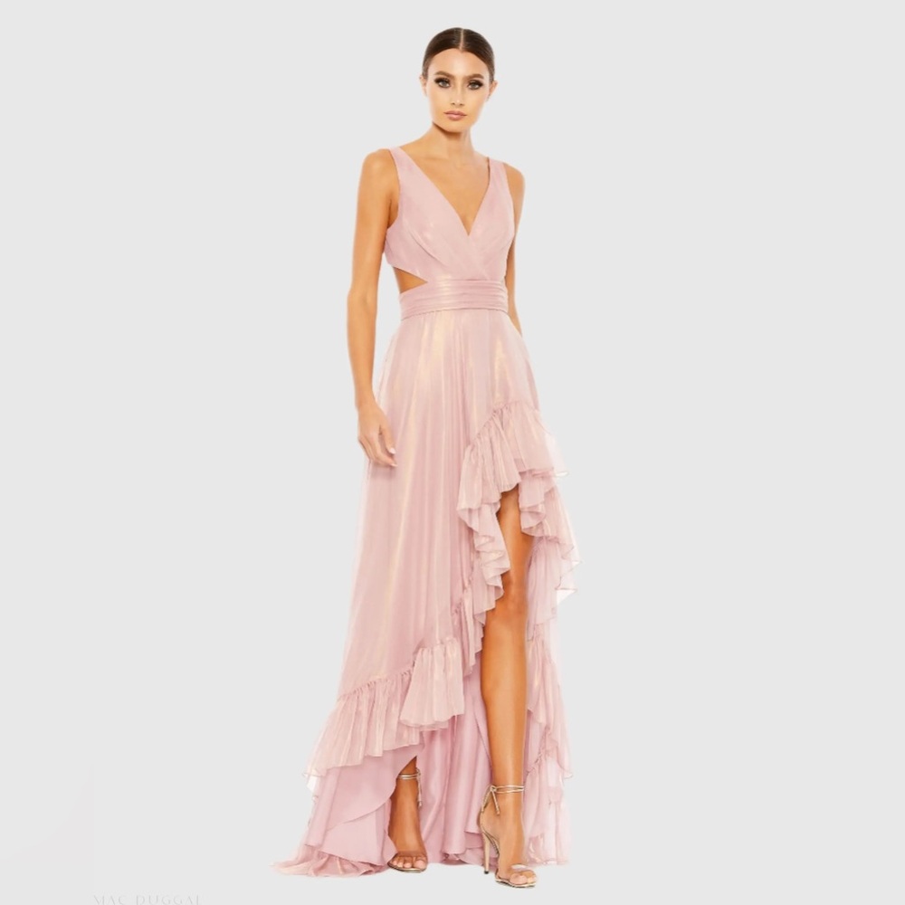 Mac Duggal Cut Out High Low Ruffle Gown NWT Size 12 Formal Dress Rose Gold